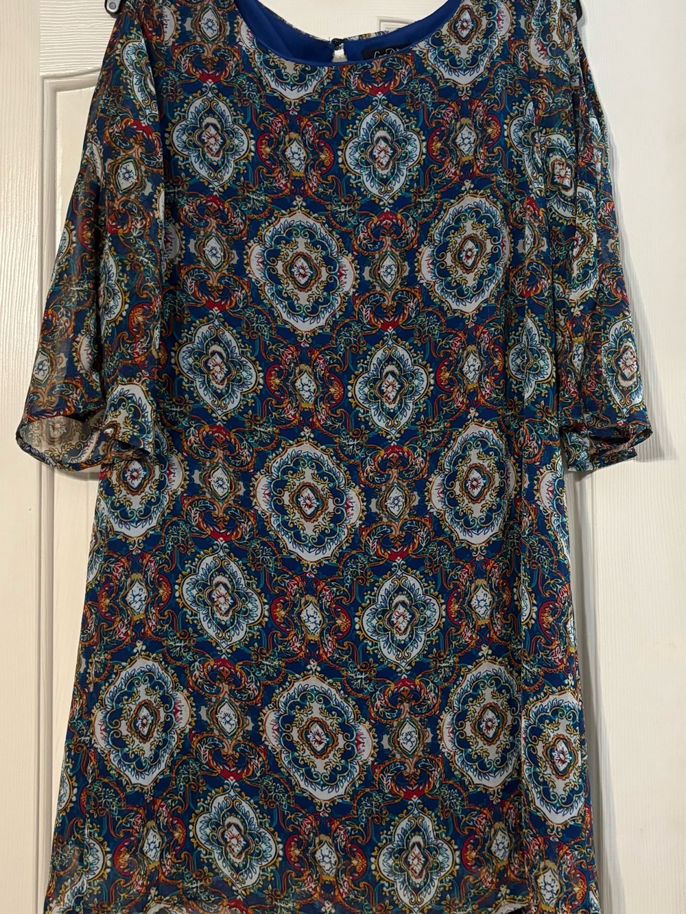 Love Reign Blue Multi Medallion Midi Dress with open shoulder